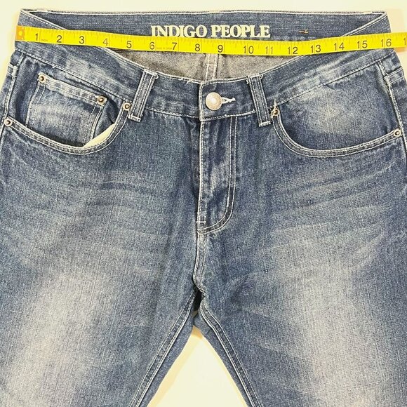 Indigo People Straight Leg Denim - Men's Size 33 X 32 Distressed Blue Jeans - Picture 7 of 10
